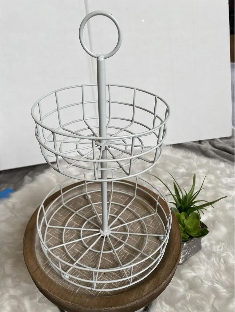 Two-Tier White Wire Basket Stand